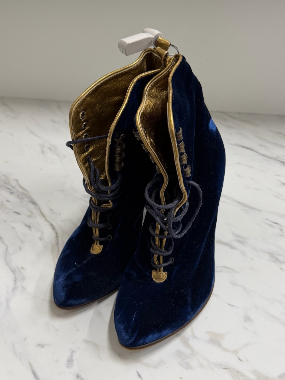 Marc Jacobs Navy Velvet Lace-Up Wedge Boots with Gold Trim